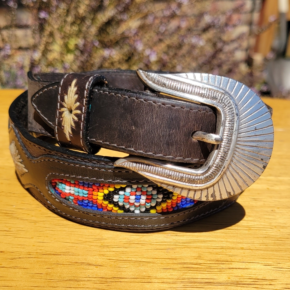 Vintage 1993 Hand beaded Crafted Southwestern Artisan Brown Leather Belt measure